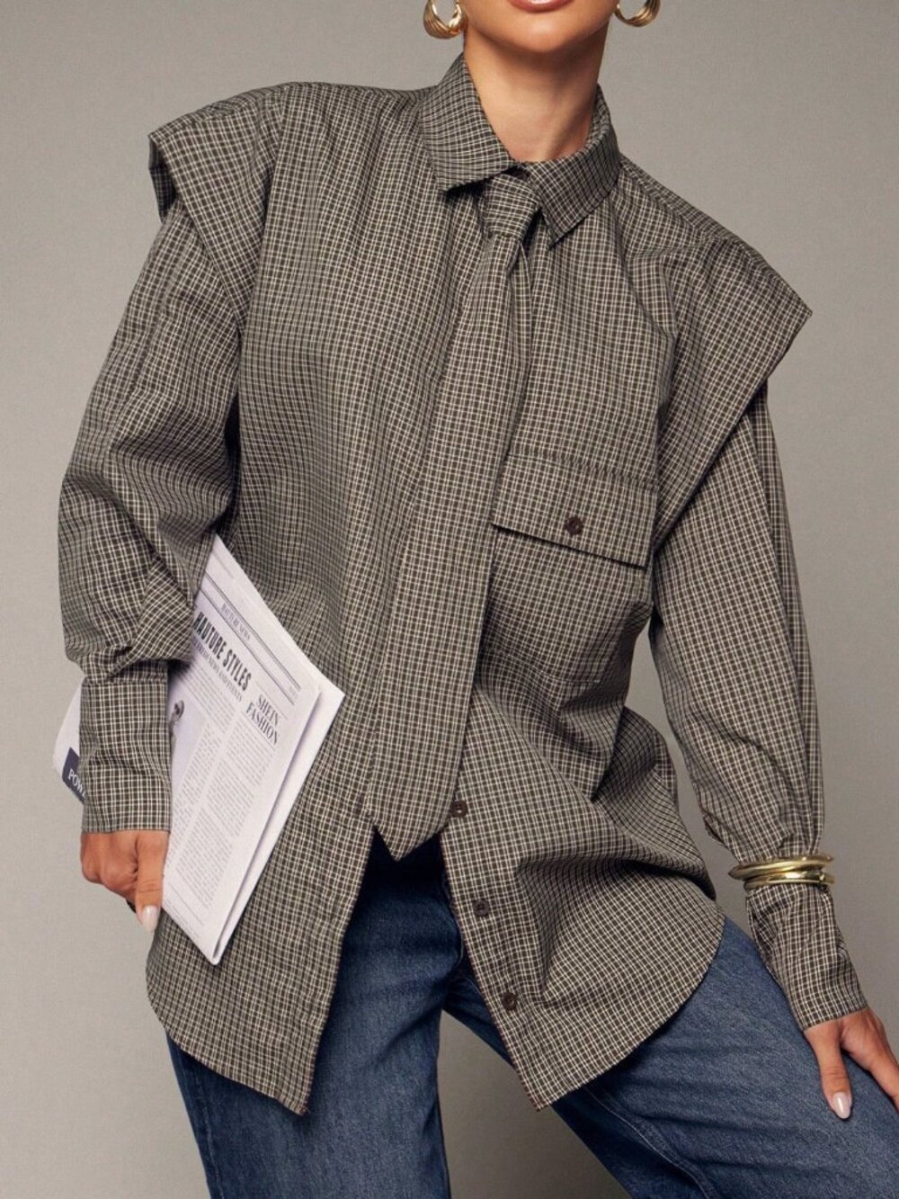 Coffee Brown Casual Women's Plaid Drop Sleeve Shirt